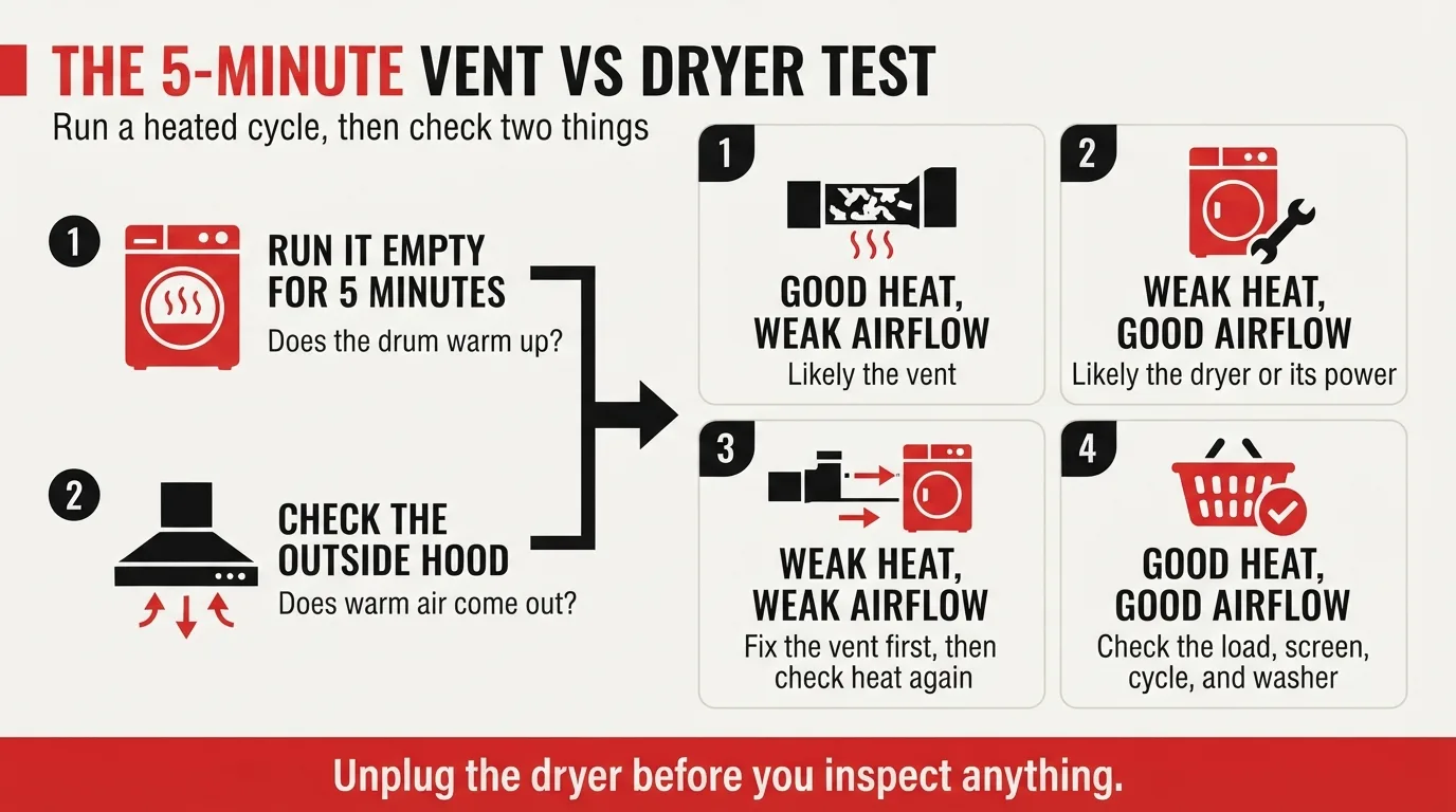 Infographic showing the 5-minute vent vs dryer test and its 4 possible heat and airflow outcomes