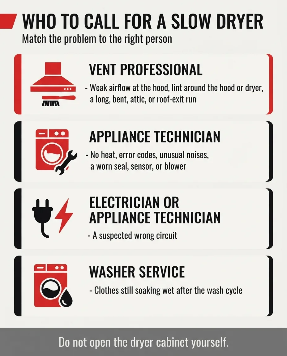 Infographic showing who to call for a slow dryer: vent pro, appliance technician, electrician, or washer service