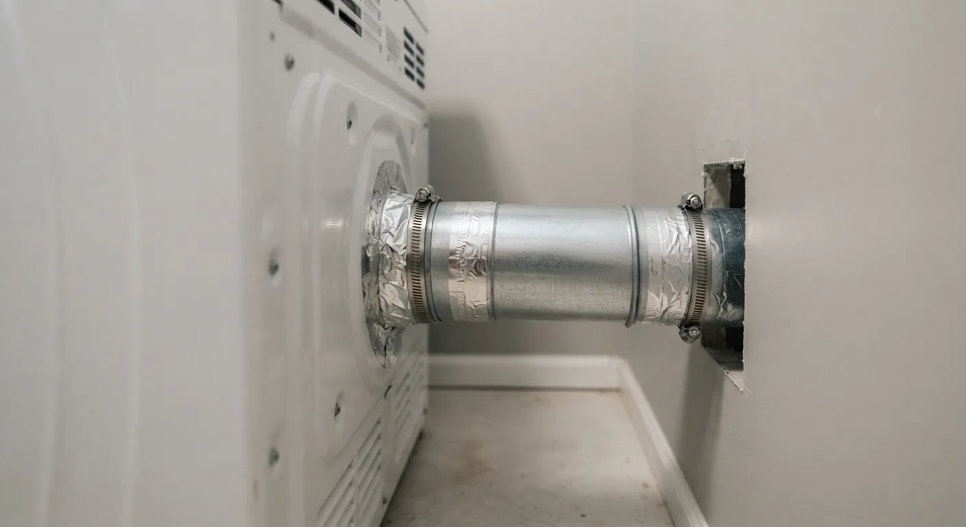 Rigid metal dryer duct joined with clamps and foil tape at the dryer and wall connections