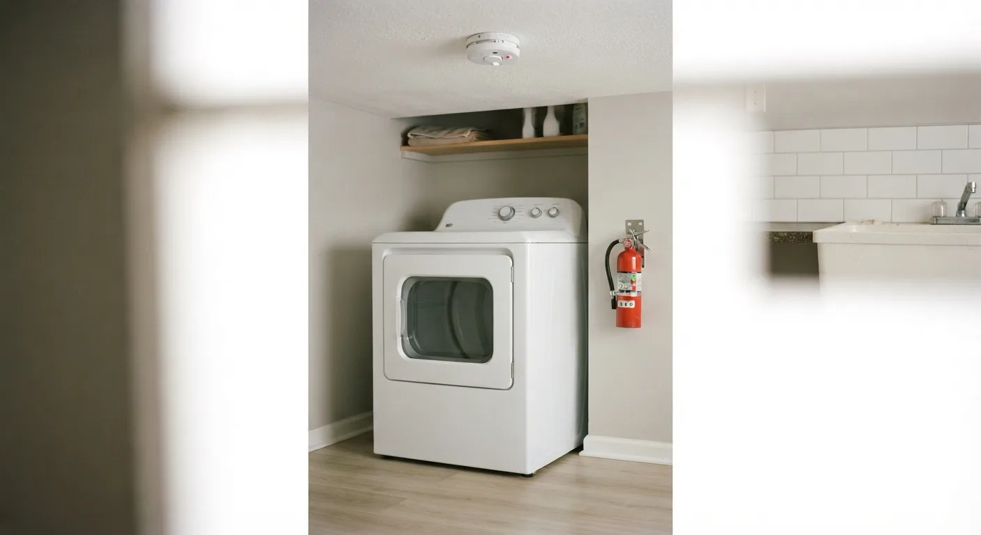 Laundry closet with a dryer, a ceiling smoke alarm, and a fire extinguisher mounted on the wall beside it