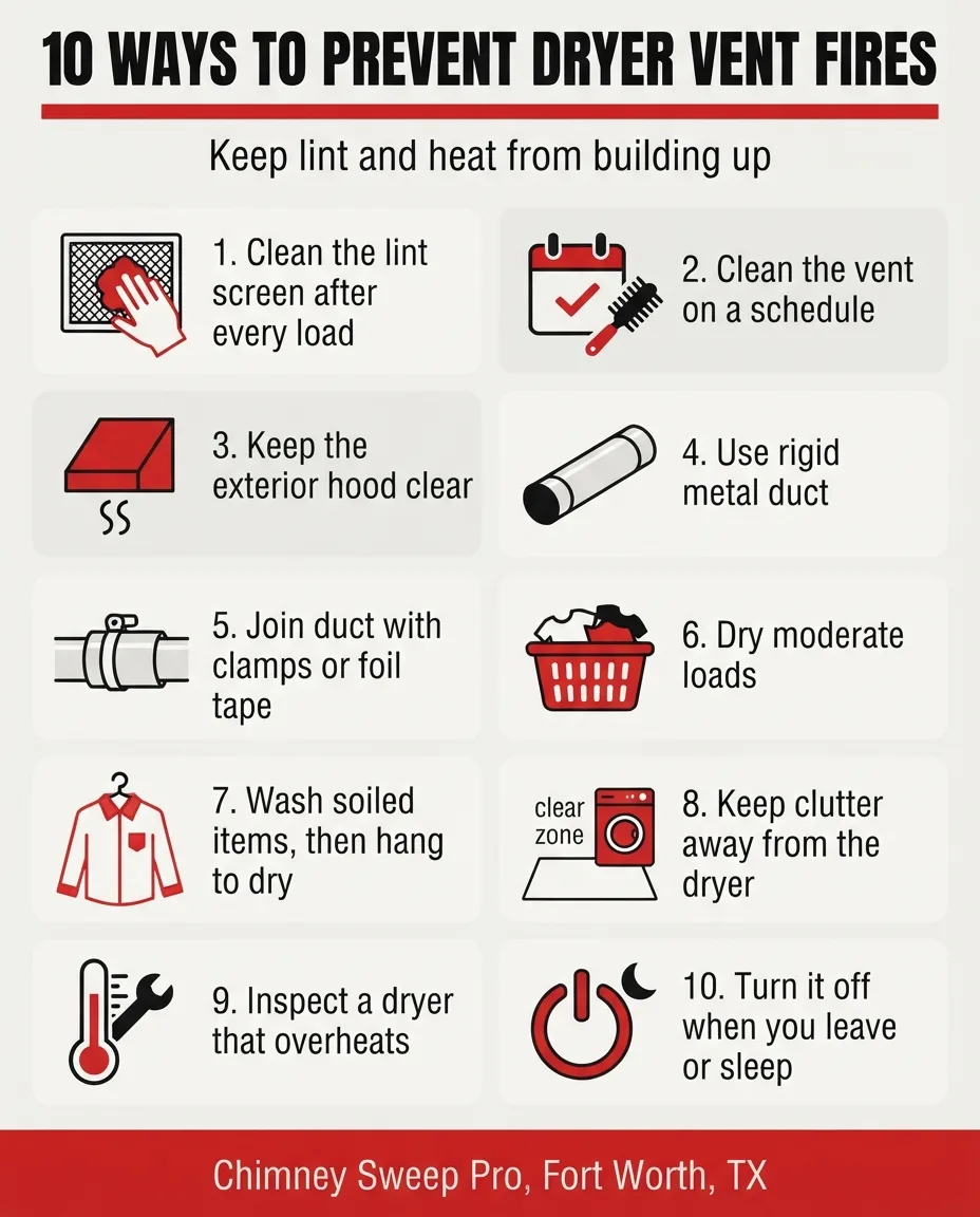 Infographic listing 10 ways to prevent dryer vent fires, from cleaning the lint screen to turning the dryer off before bed