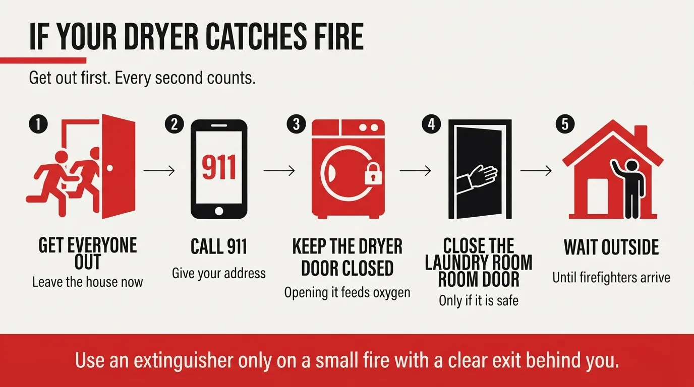 Infographic showing 5 steps for a dryer fire: get out, call 911, keep the door shut, close the room, wait outside