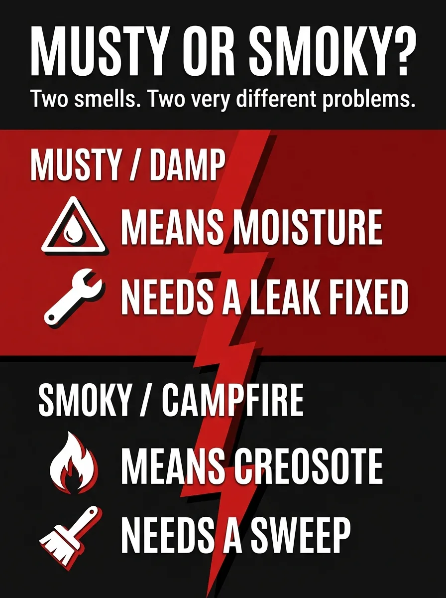 Comparison graphic contrasting a musty damp fireplace smell with a smoky campfire smell and their fixes