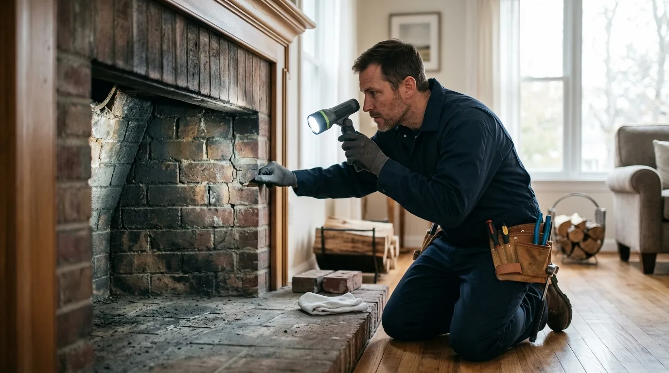 Technician kneeling at a fireplace, using a flashlight to examine cracked interior brick