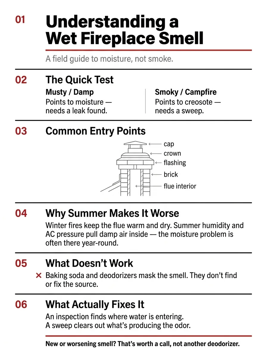 Field guide infographic covering the musty-versus-smoky test, entry points, and fixes for a wet fireplace smell