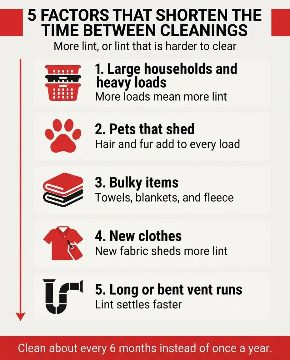 Infographic listing 5 factors that shorten the time between dryer vent cleanings: heavy loads, pets, bulky items, new clothes, and long vent runs