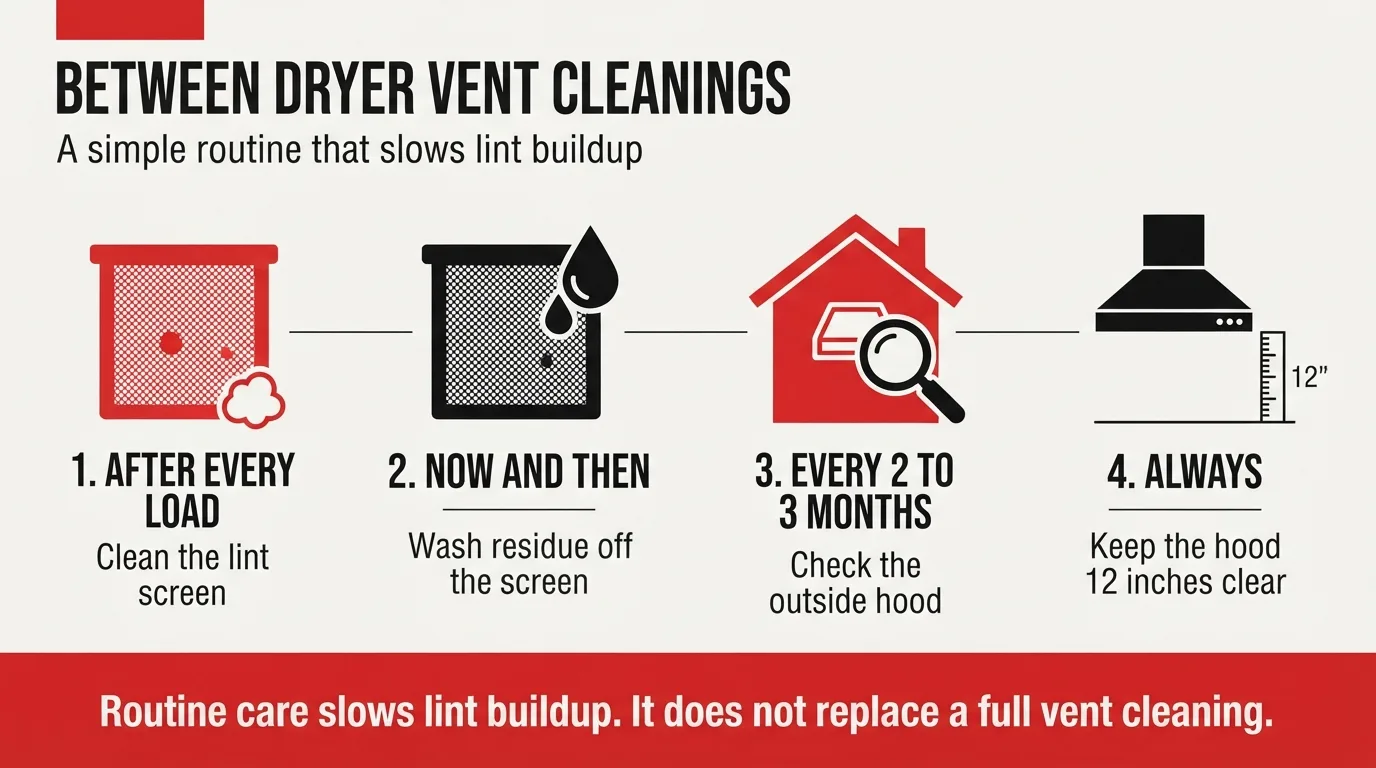 Infographic on routine care between dryer vent cleanings: clean the screen after every load, wash residue off, check the outside hood every 2 to 3 months, and keep it clear