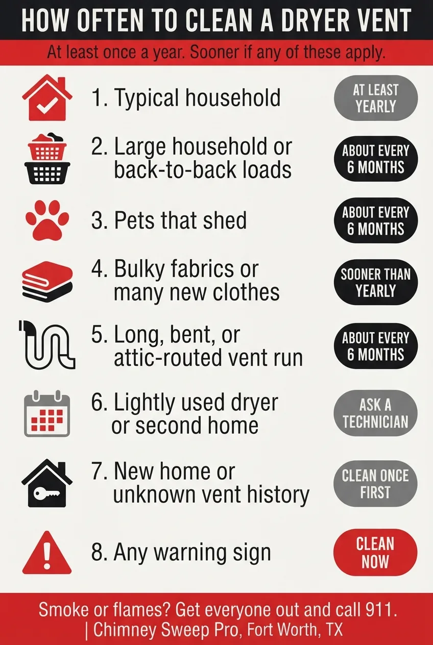 Infographic showing how often to clean a dryer vent, from yearly to right away, across 8 household situations