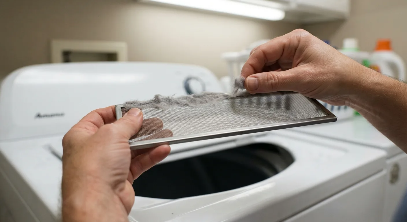 Hands lifting a thin layer of lint off a dryer's lint screen above the machine