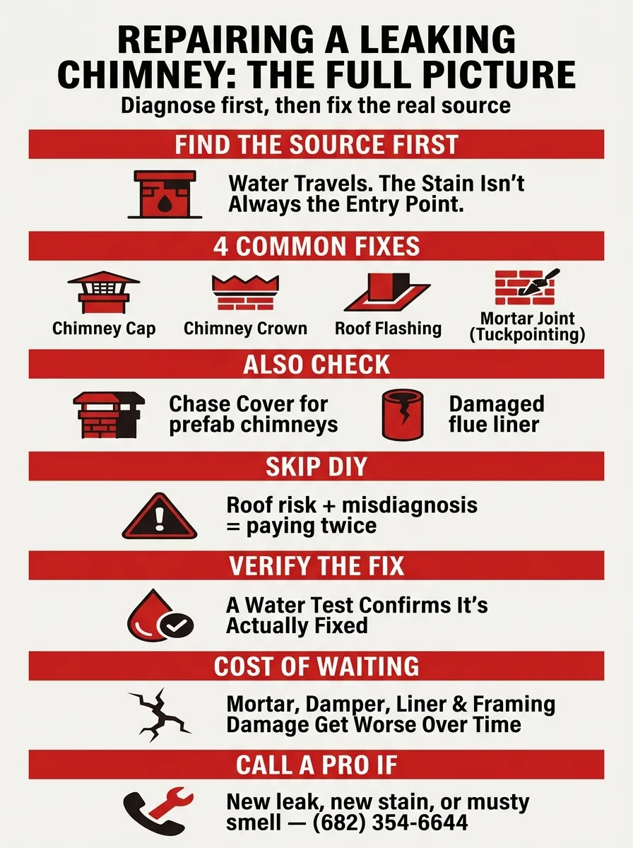 Poster summarizing chimney leak repair: finding the source, four common fixes, chase covers, liners, DIY risk, verification, and cost of waiting