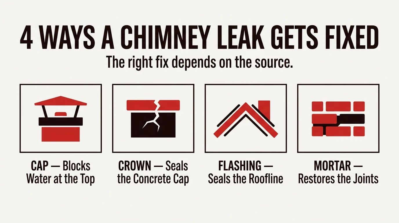Four-icon overview of chimney leak fixes: cap, crown, flashing, and mortar joint repair