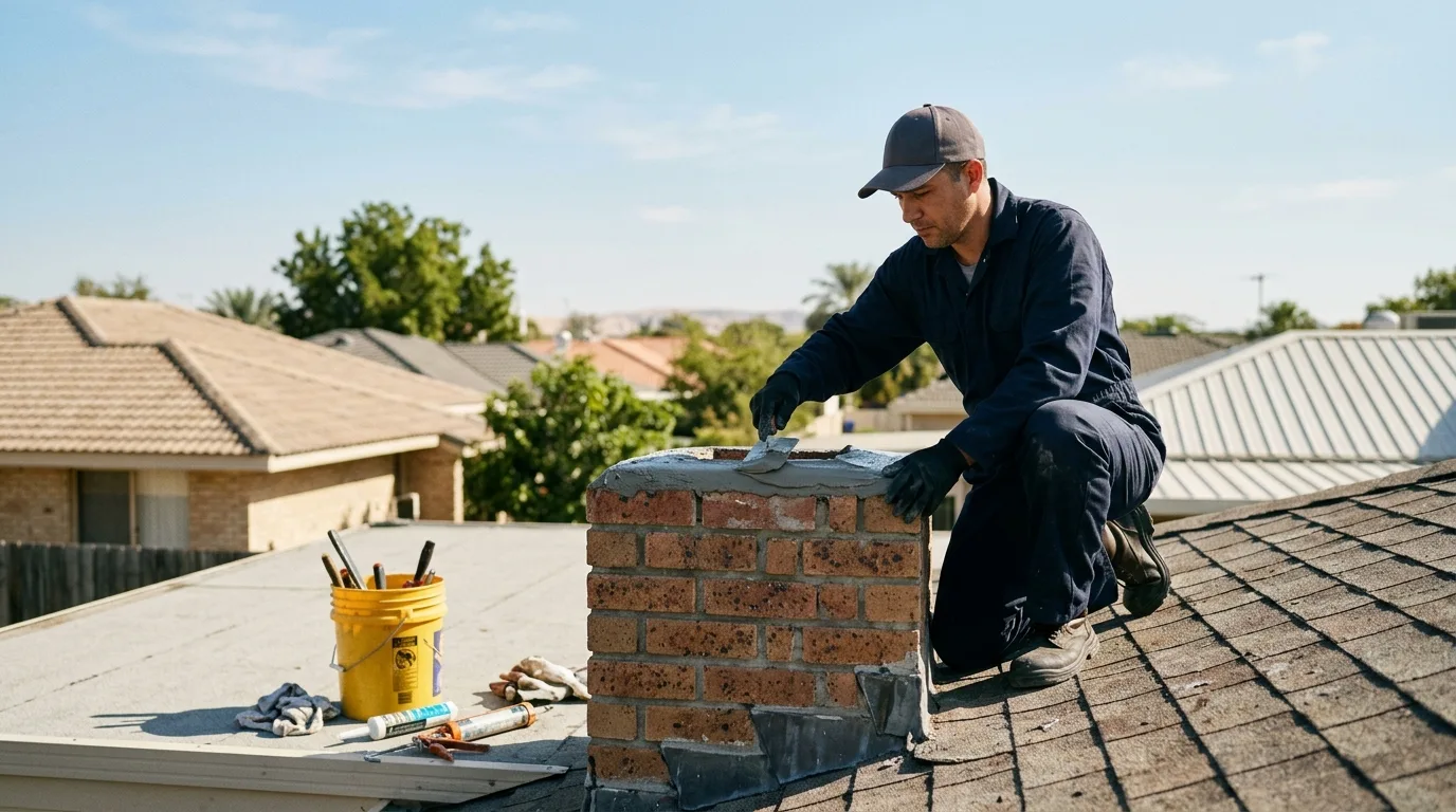 Technician kneeling on a rooftop applying sealant to a brick chimney crown
