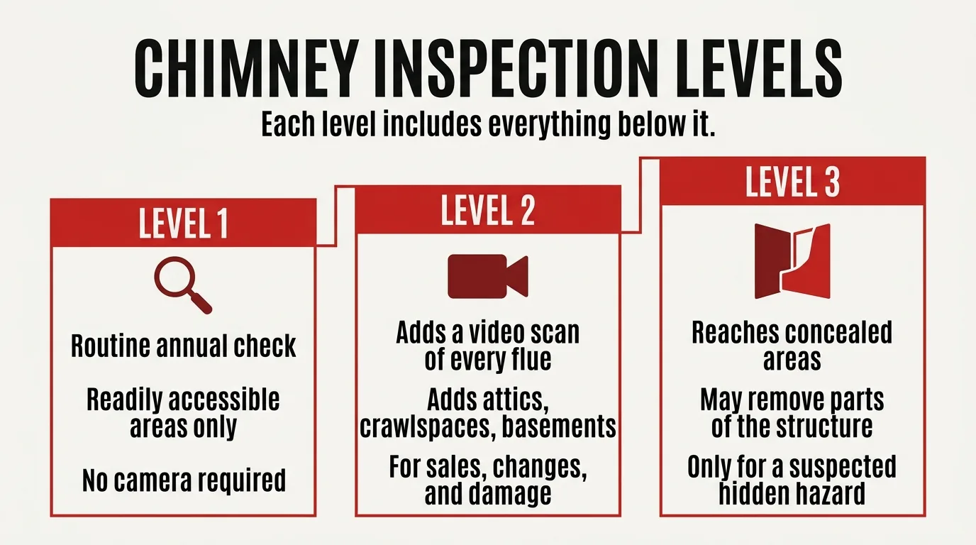Three-step comparison of Level 1, Level 2, and Level 3 chimney inspections showing what each one adds