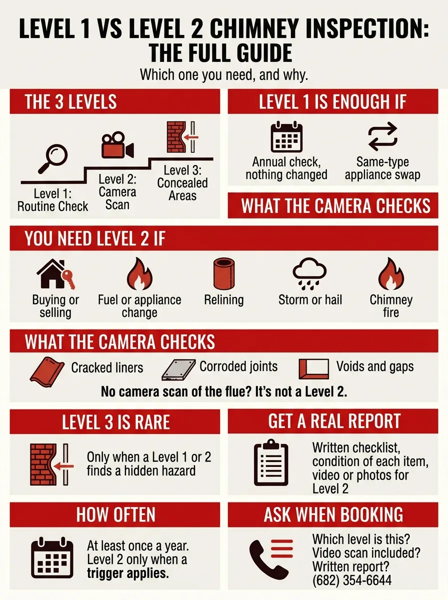 Summary infographic covering the three inspection levels, camera checks, reports, frequency, and booking questions