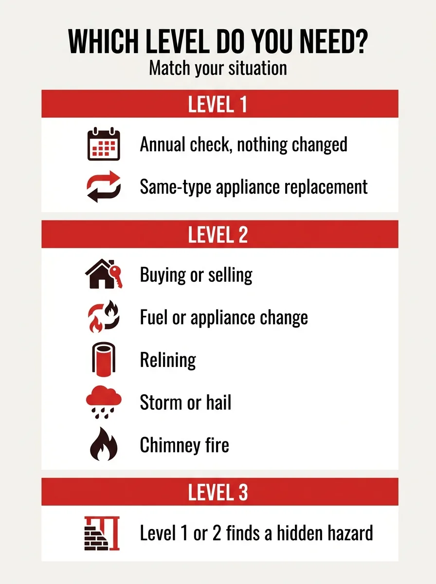 Chart matching homeowner situations like sales, storms, and fires to the right chimney inspection level