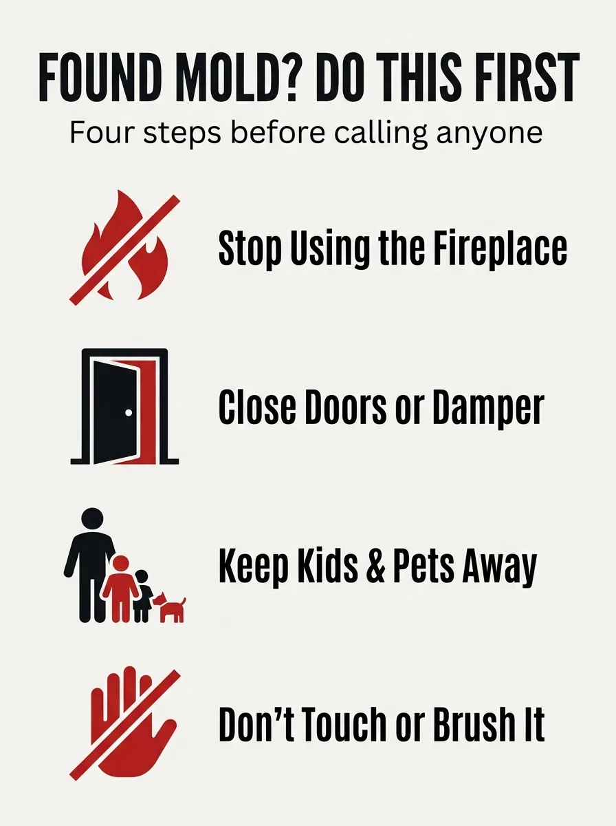 Four safety steps after finding fireplace mold: stop use, close doors, keep pets away, don't touch it