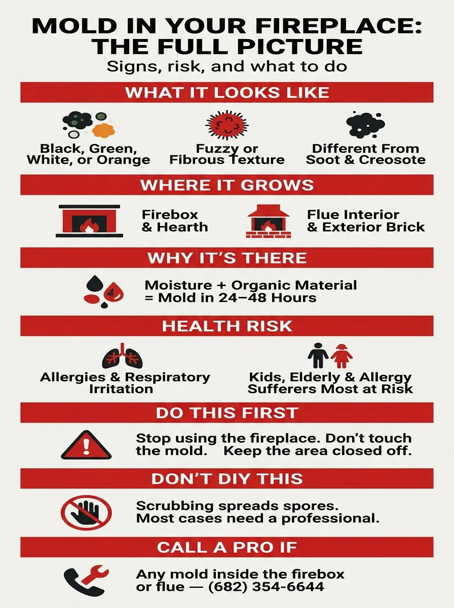 Infographic summarizing fireplace mold: appearance, locations, causes, health risks, and safety steps