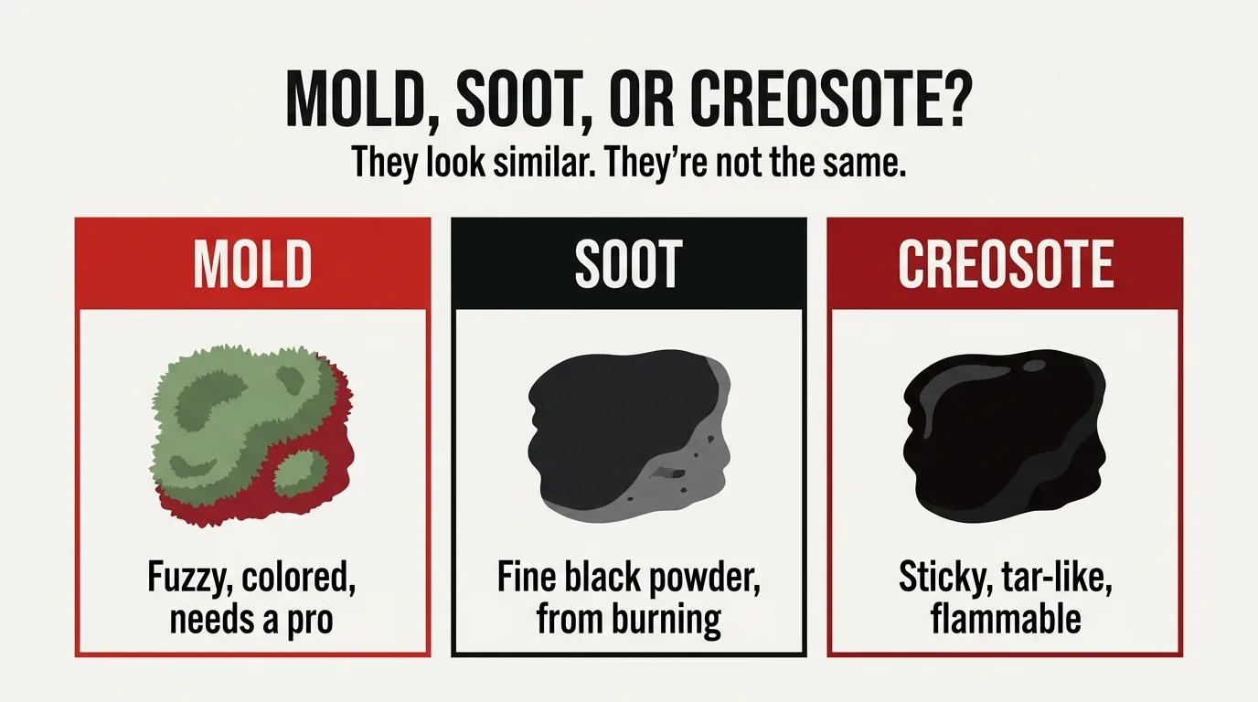 Three-column comparison of mold, soot, and creosote by texture, color, and cause