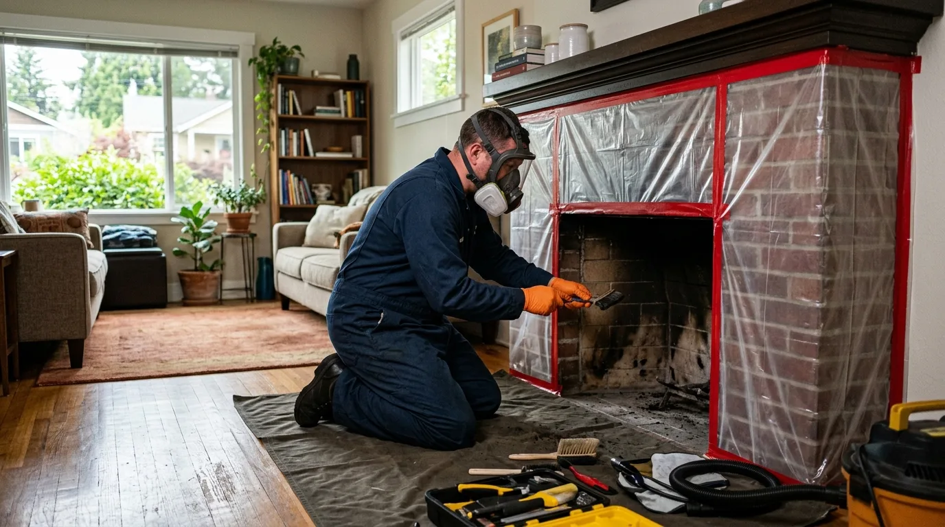 Technician in protective gear and respirator setting up containment sheeting before fireplace mold removal