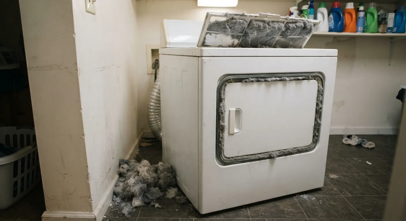 Packed lint screen, lint matted around a dryer's door seal, and a lint pile on the floor beside it