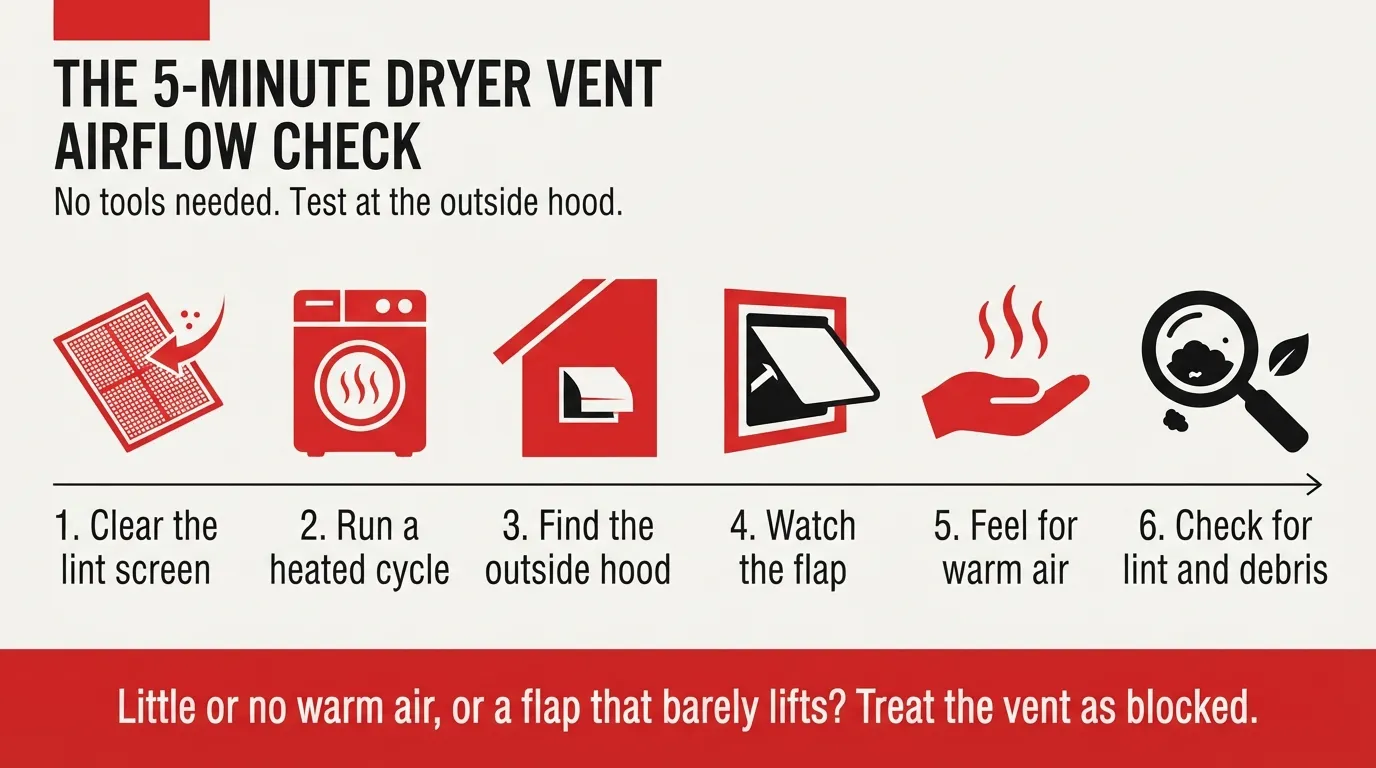Infographic outlining the 5-minute dryer vent airflow check in 6 icon steps, no tools needed