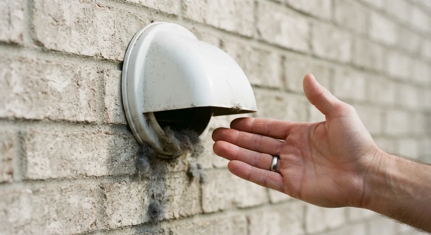 A hand checking airflow at an exterior dryer vent hood with lint caught in the opening