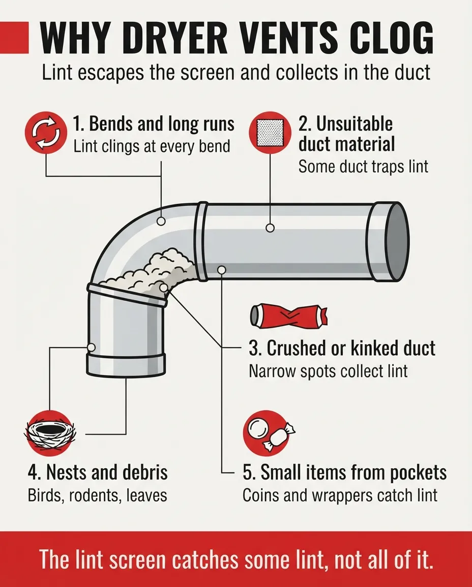 Infographic showing why dryer vents clog: bends, duct material, kinks, nests, and pocket debris