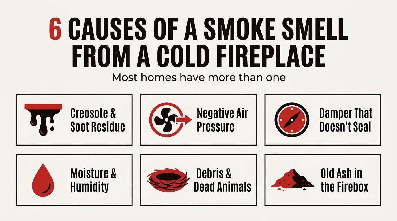 Six icons showing causes of a cold fireplace smoke smell: residue, air pressure, damper gaps, moisture, debris, and old ash
