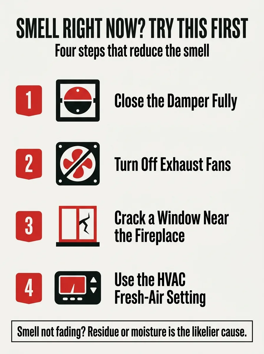 Four numbered steps to reduce a fireplace smoke smell: close damper, turn off fans, crack window, use fresh-air setting