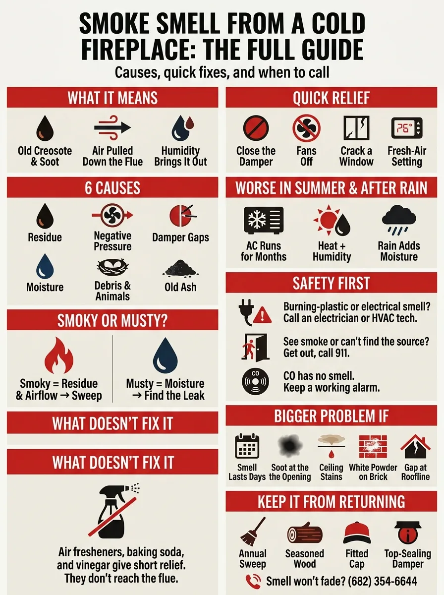 Summary poster covering smoke smell causes, quick relief, summer effects, safety, and prevention for a cold fireplace