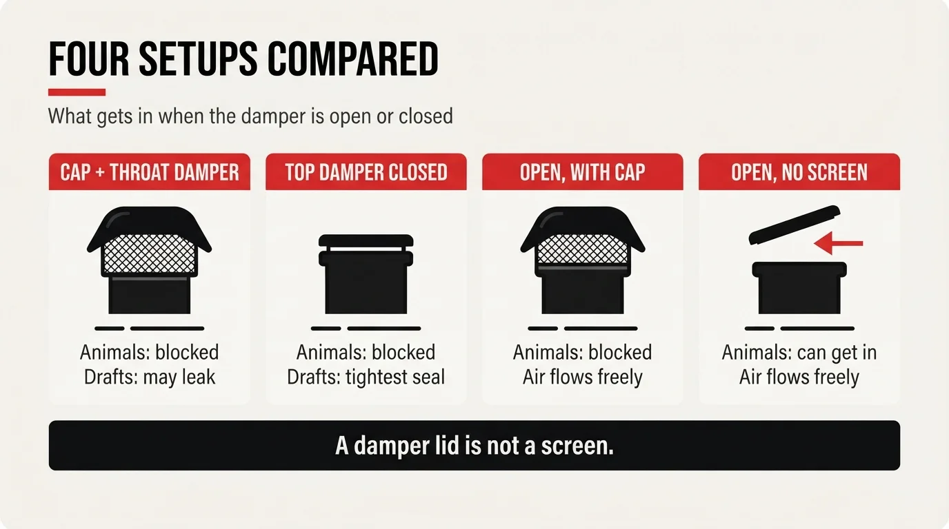 Infographic titled Four Setups Compared, showing animal and draft protection for capped, closed, and open damper setups