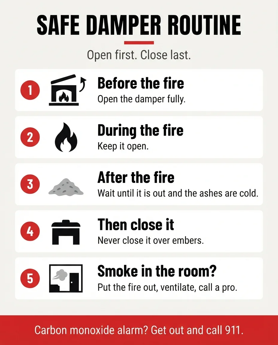 Infographic titled Safe Damper Routine, listing five steps from opening before a fire to closing after ashes are cold