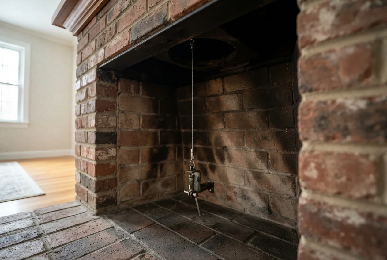 Top-sealing damper cable and spring bracket mounted inside a brick fireplace firebox