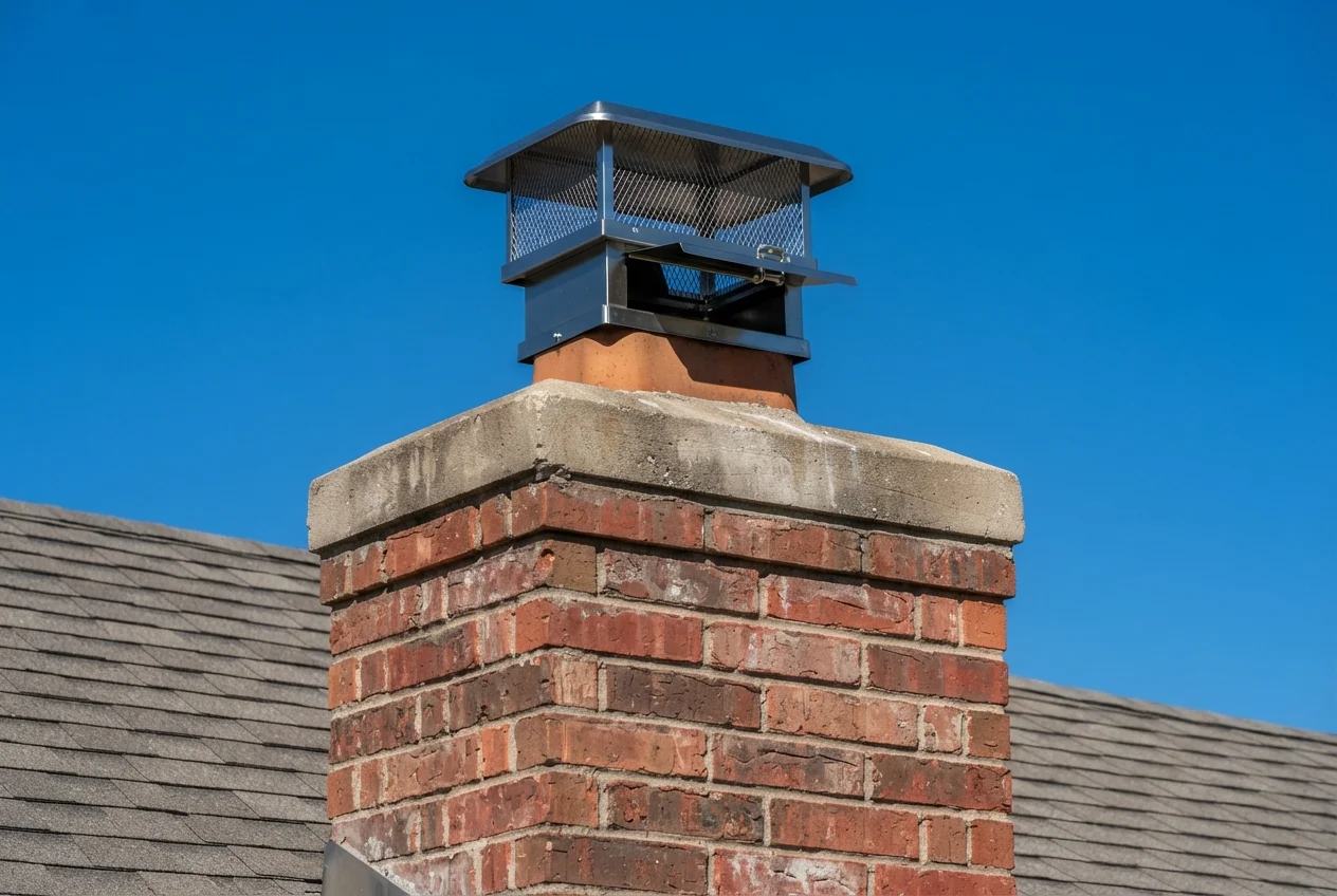 Stainless steel cap and top-sealing damper unit mounted together on a chimney flue
