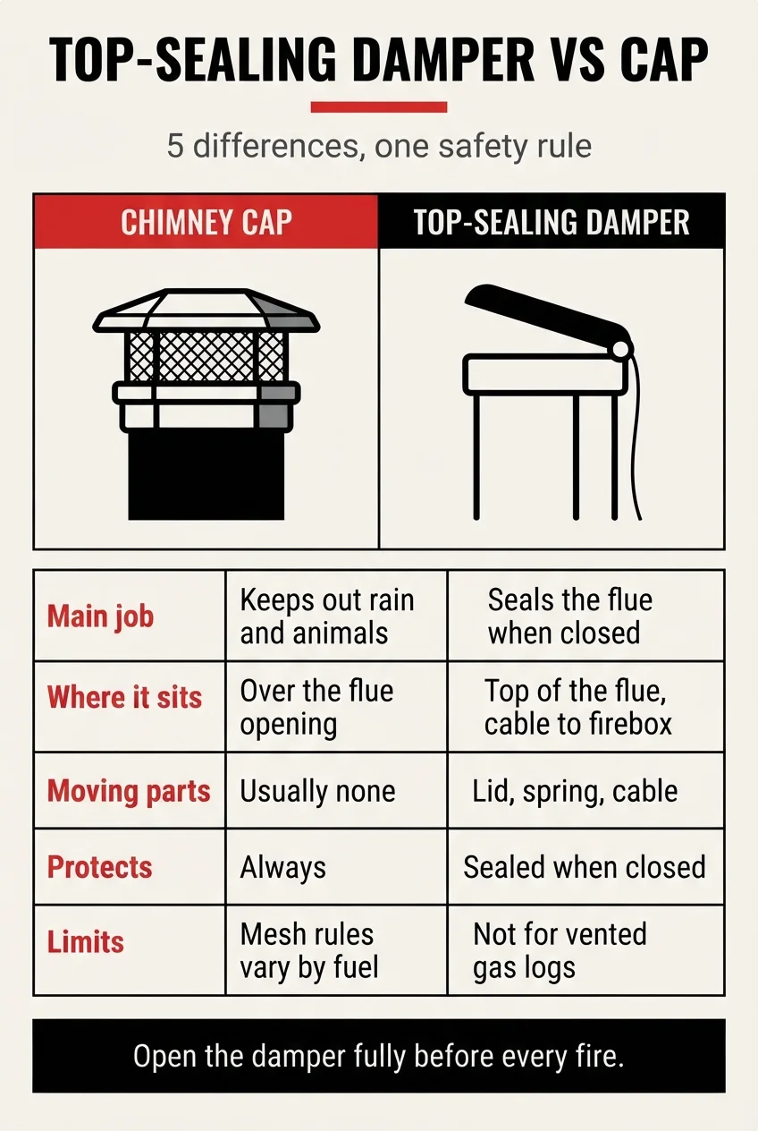 Infographic titled Top-Sealing Damper vs Cap, comparing main job, location, moving parts, protection, and fuel limits