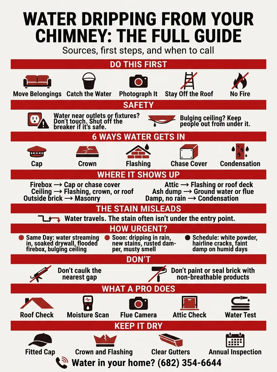 Infographic summarizing chimney water leaks: first steps, safety, six causes, symptoms, urgency levels, and prevention