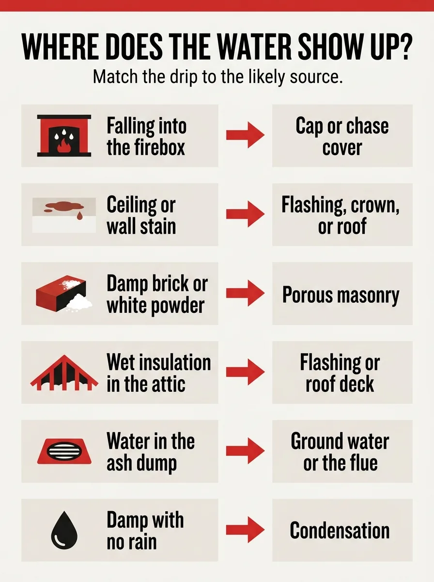 Infographic matching six water symptoms, like ceiling stains or damp brick, to their likely chimney source