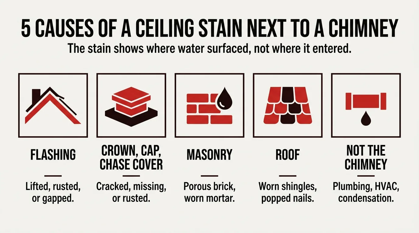 Five causes of a ceiling stain next to a chimney: flashing, crown or cap or chase cover, masonry, roof, and not the chimney
