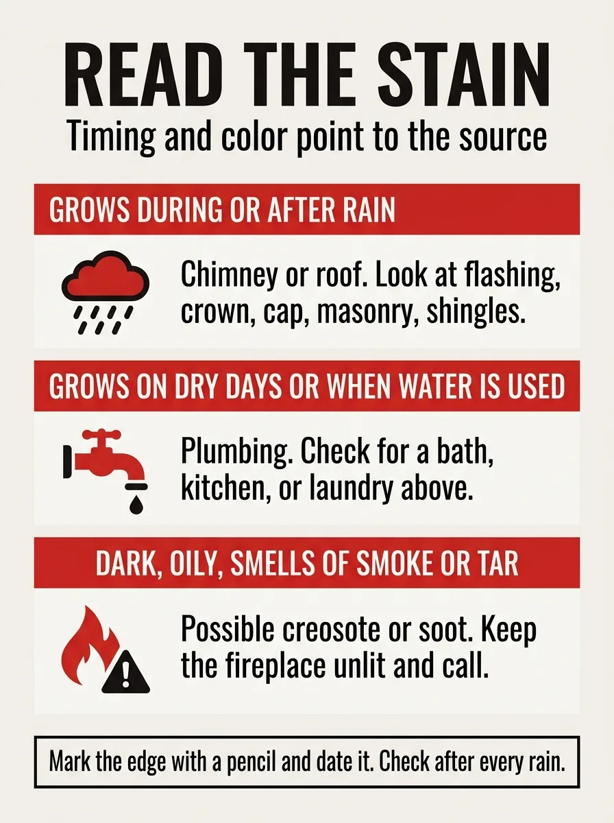 Three ways to read a ceiling stain: rain-timed points to the chimney or roof, dry-day points to plumbing, and a smoke or tar smell points to creosote