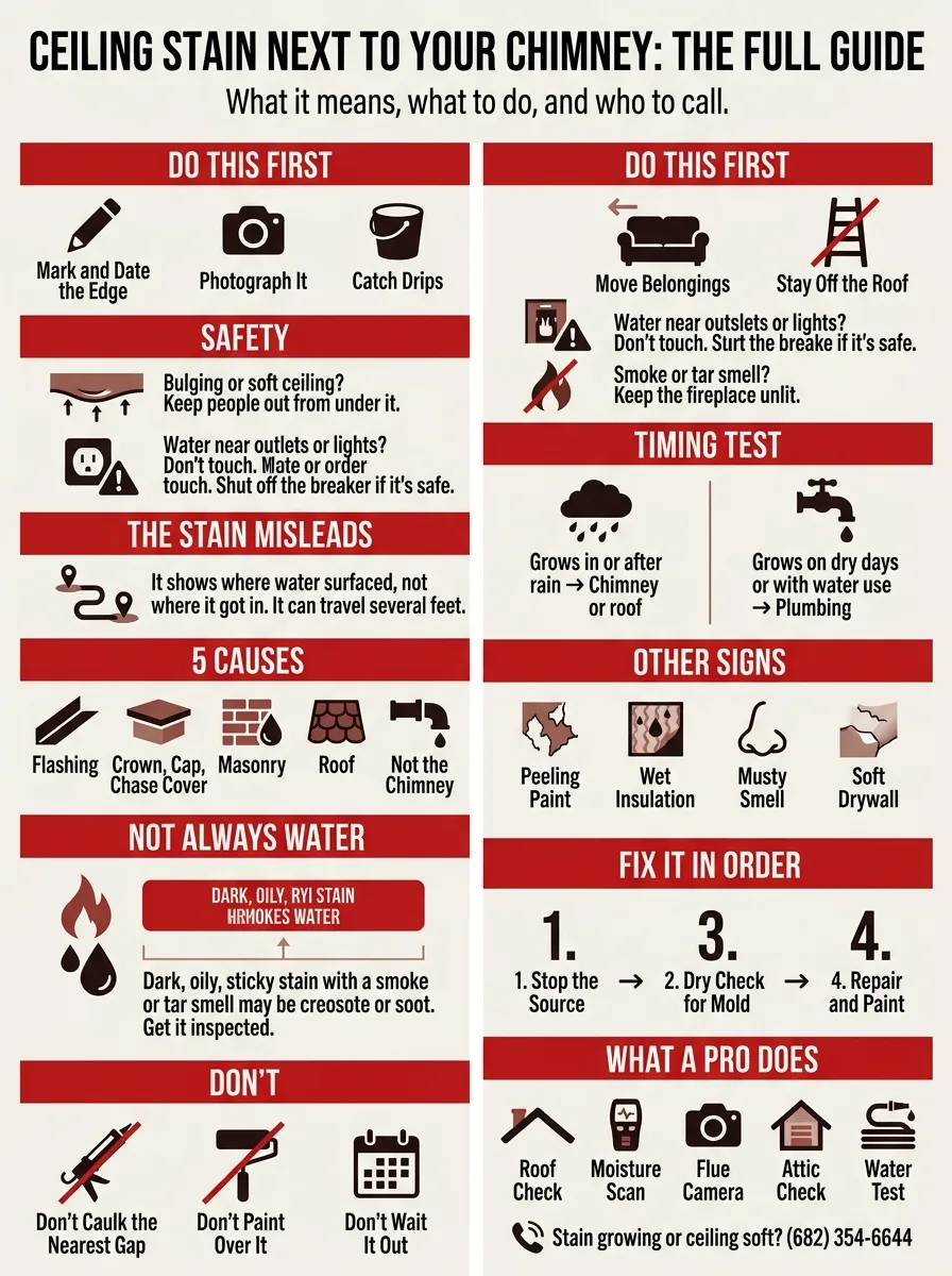 Summary infographic covering first steps, safety, the stain's misleading location, the timing test, five causes, non-water stains, other signs, fix order, what not to do, and what a professional does