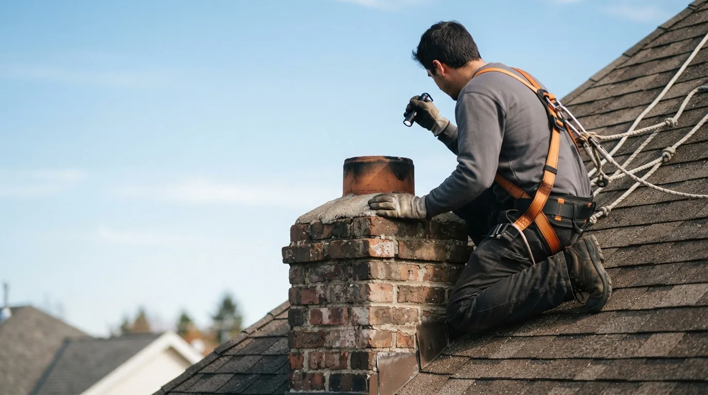 Technician in a roof harness shining a flashlight into a chimney flue on a Fort Worth, TX home
