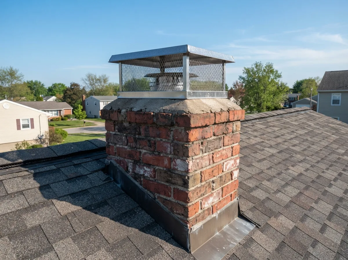 Brick chimney with a fitted mesh cap installed to keep animals out, on a Fort Worth home