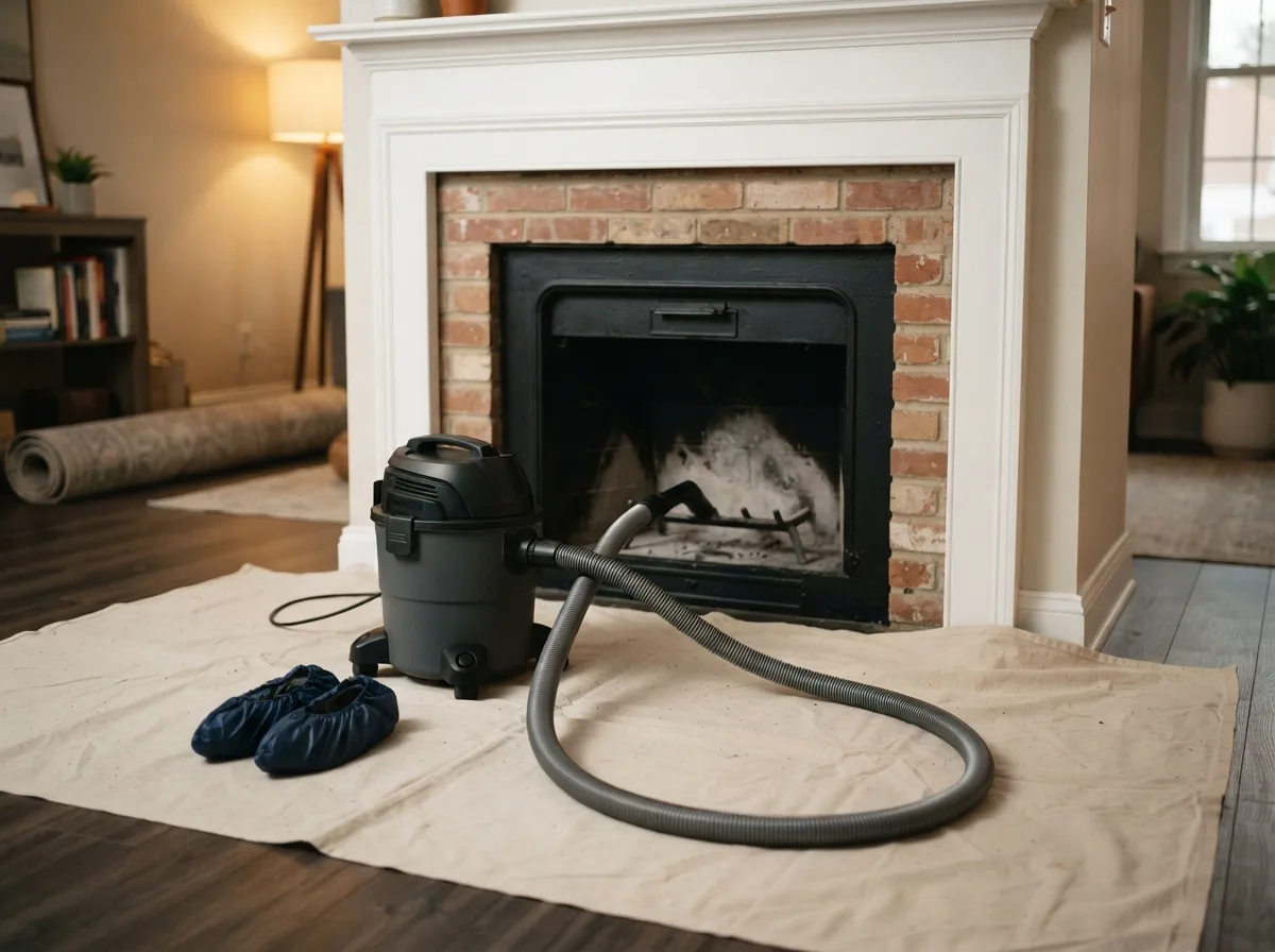 Drop cloths, shoe covers, and a HEPA vacuum set up in front of a fireplace for containment