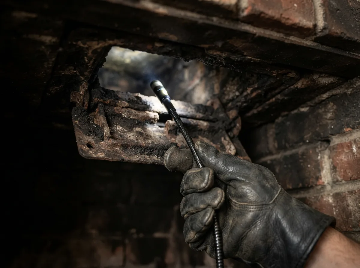 Technician using a camera scope to locate an animal inside a chimney flue