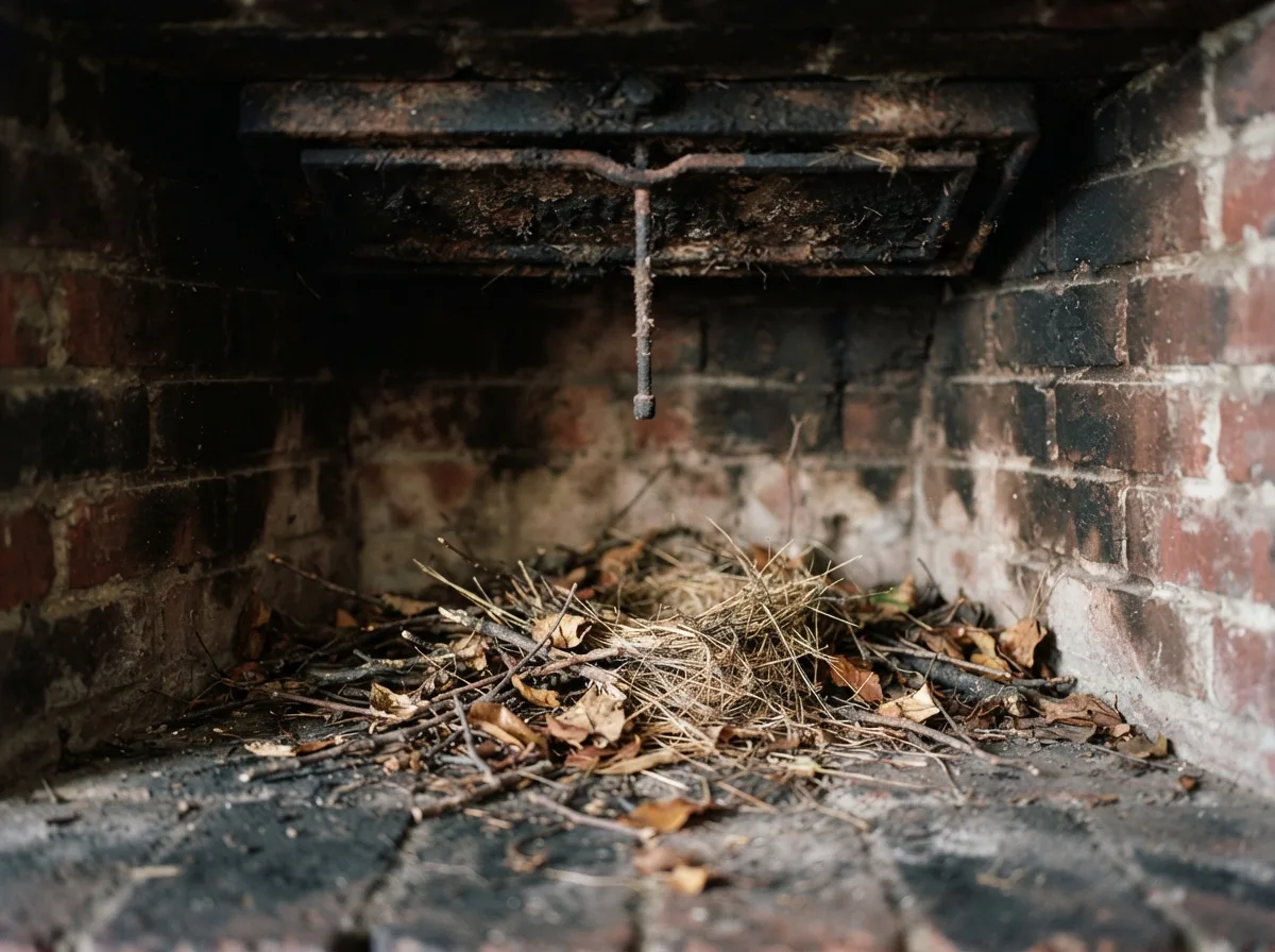 Nest material and leaf debris built up inside a firebox beneath an open damper