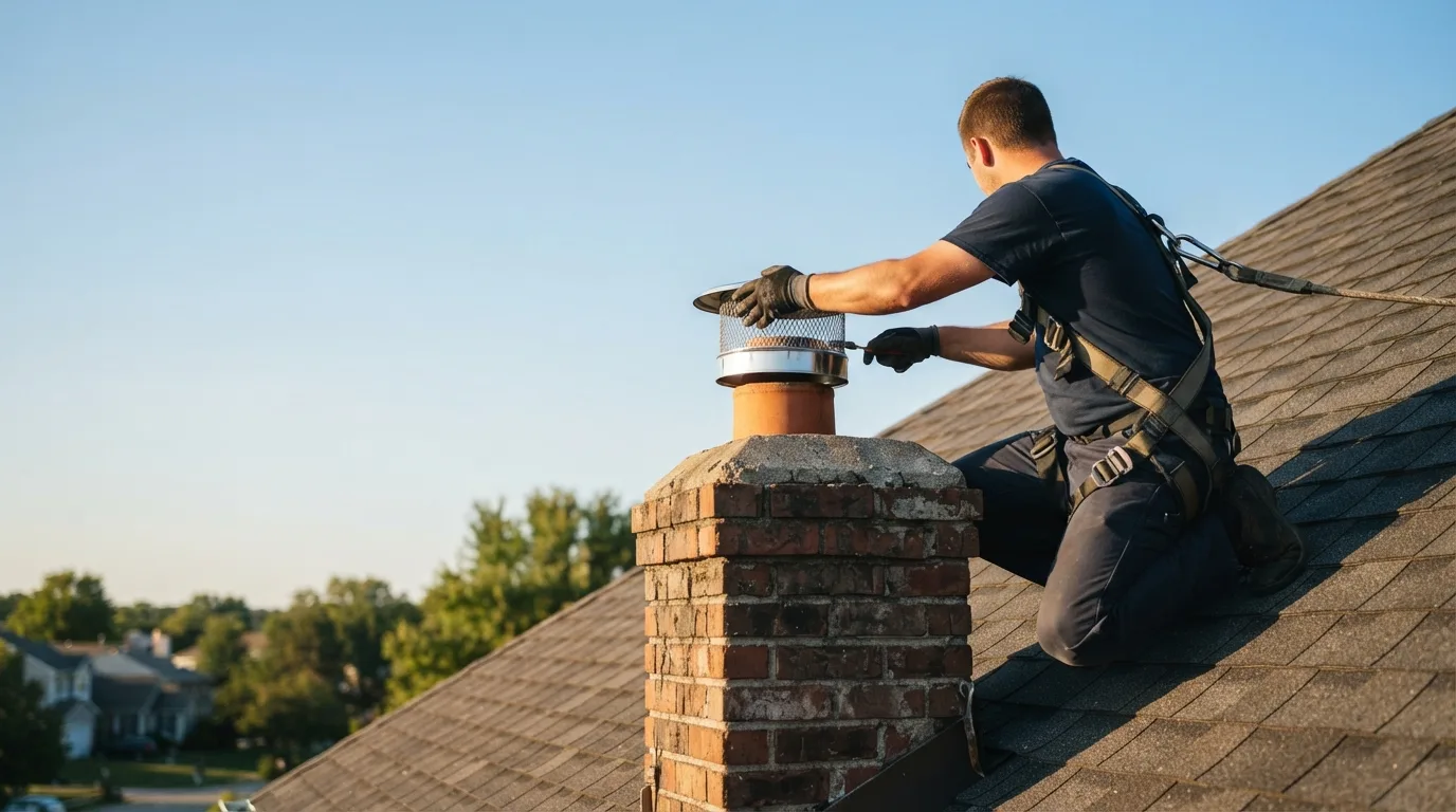 Technician in a safety harness installing a stainless steel chimney cap on a brick chimney rooftop