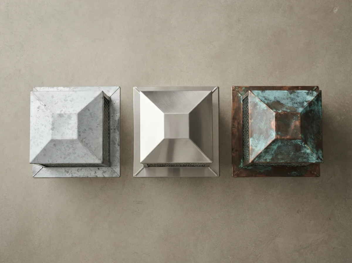 Galvanized, stainless steel, and weathered copper chimney caps compared side by side