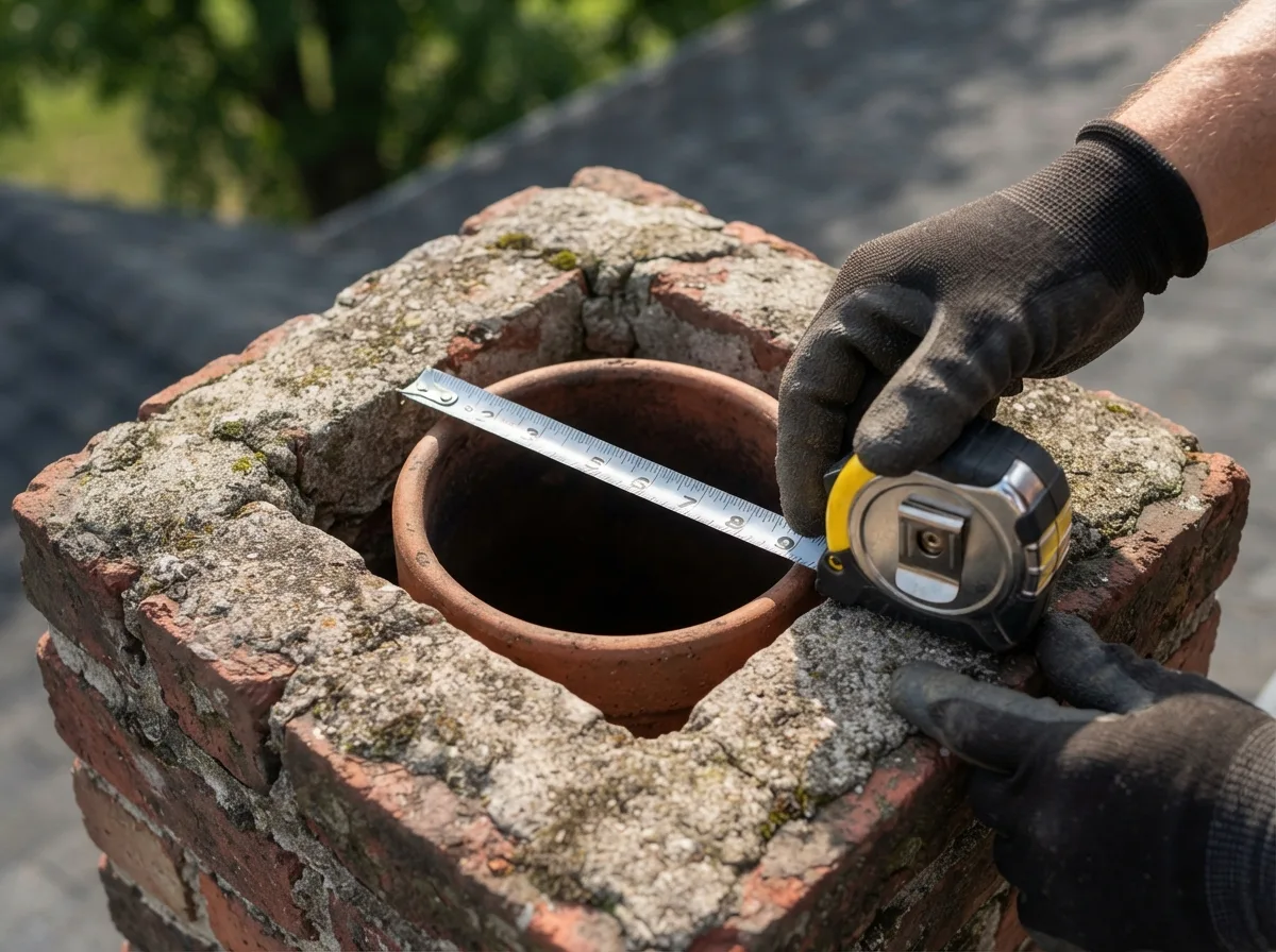 Technician measuring a flue opening with a tape measure before fitting a new cap