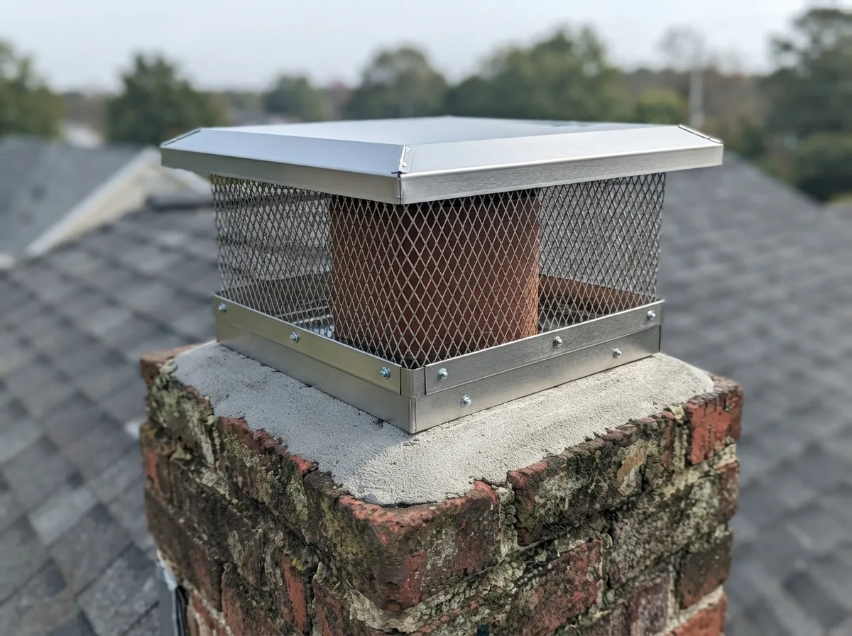 New stainless steel chimney cap with mesh screening installed on a brick chimney