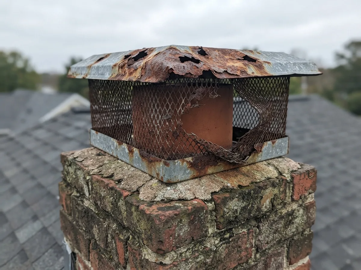 Rusted chimney cap with holes in the metal and torn mesh on a brick chimney